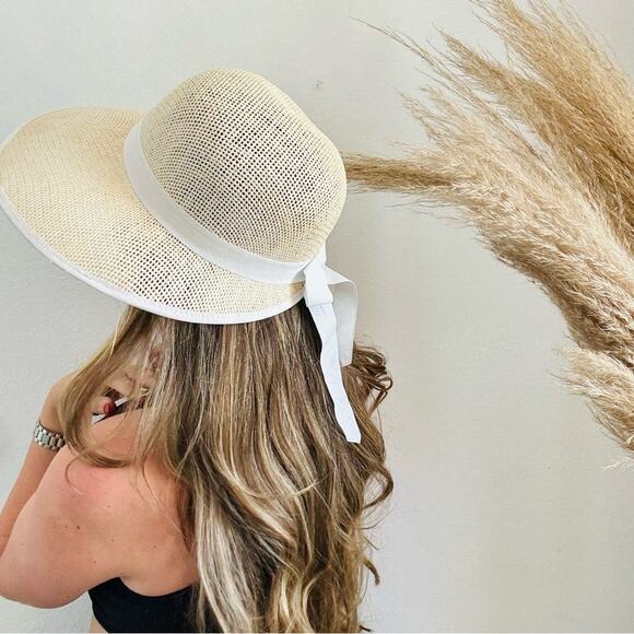 VINTAGE NORDSTROM Cream Tan Straw Wide Visor Brim White Bow Tie Ribbon Sun Hat - Picture 5 of 10